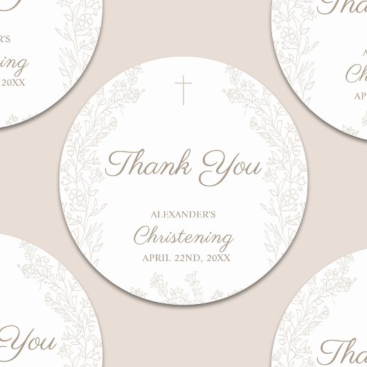 Thank You Cross Flowers Christening Baptism Ronde Sticker