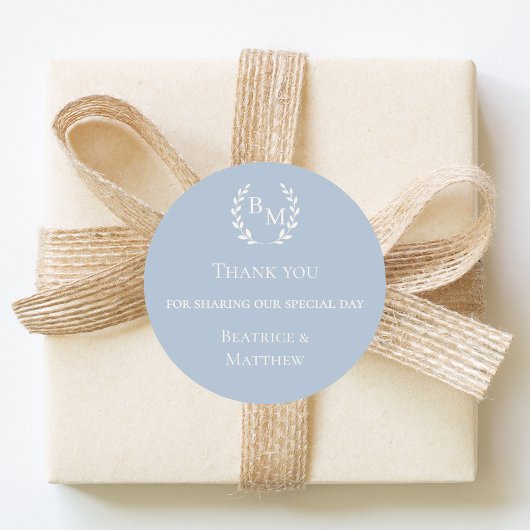 Thank you dusty blue monogrammed wedding ronde sticker
