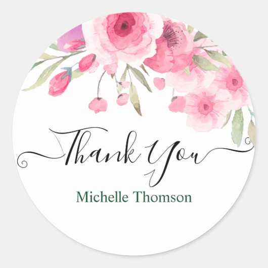 Thank you editable pink floral illustration ronde sticker (Voorkant)