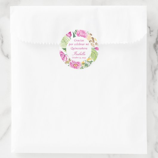 Thank You Floral Pink Peonies Spanish Quinceañera  Ronde Sticker (Tas)