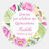 Thank You Floral Pink Peonies Spanish Quinceañera  Ronde Sticker (Voorkant)