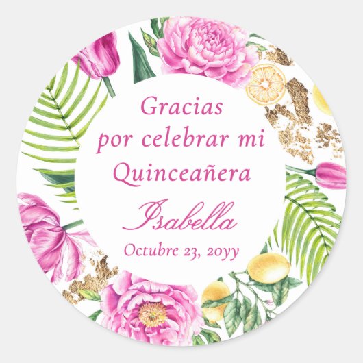Thank You Floral Pink Peonies Spanish Quinceañera  Ronde Sticker (Voorkant)