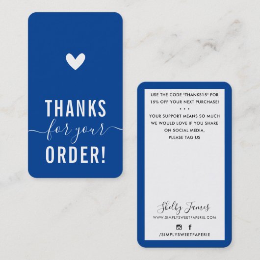 THANK YOU FOR YOUR ORDER insert modern royal blue Visitekaartje (Voorkant / Achterkant)