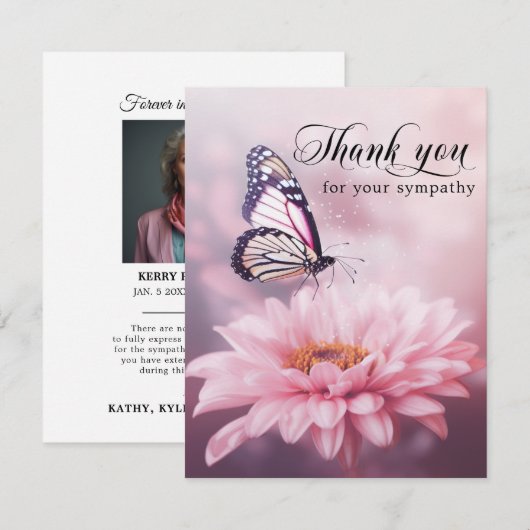 Thank you Funeral Butterfly Flower Pink | Photo Bedankkaart (Voorkant / Achterkant)