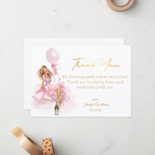 thank you happy birthday gold script pink dress  notitiekaartje (Voorkant / Achterkant in situ)