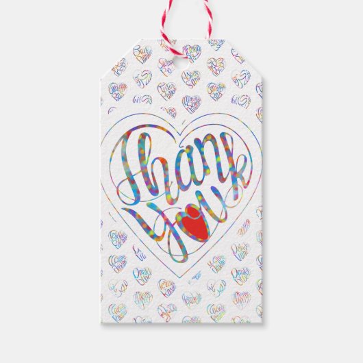 Thank you & heart in 17 langs as heart shapes cadeaulabel (Voorkant)