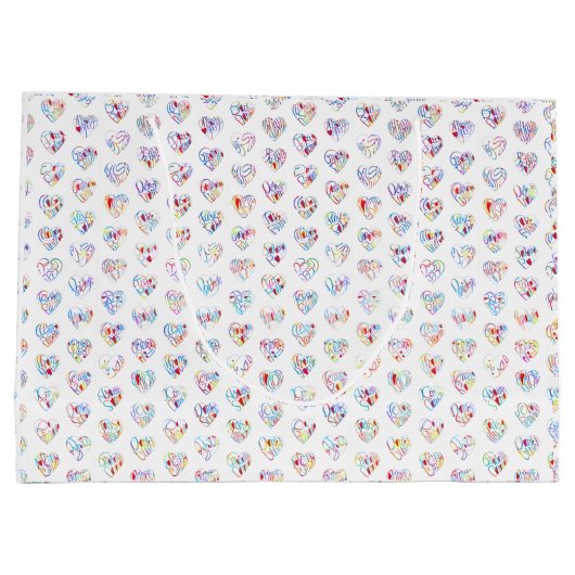 Thank you & hearts in 44langs as DC♡shaped pattern Groot Cadeauzakje (Achterkant)