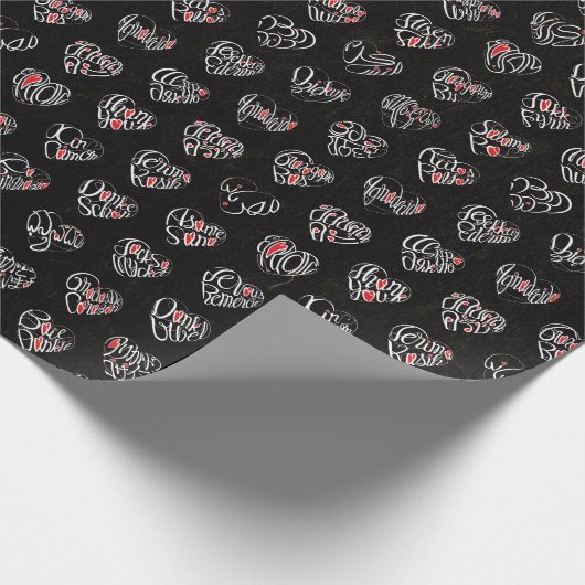 Thank you & hearts in 44langs as WH♡shaped pattern Cadeaupapier (Hoek)