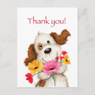 Thank you, kut dog met flowers. briefkaart