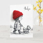 Thank You Pet Sitting Girl Walking Her Dog Kaart (Gele Bloem)