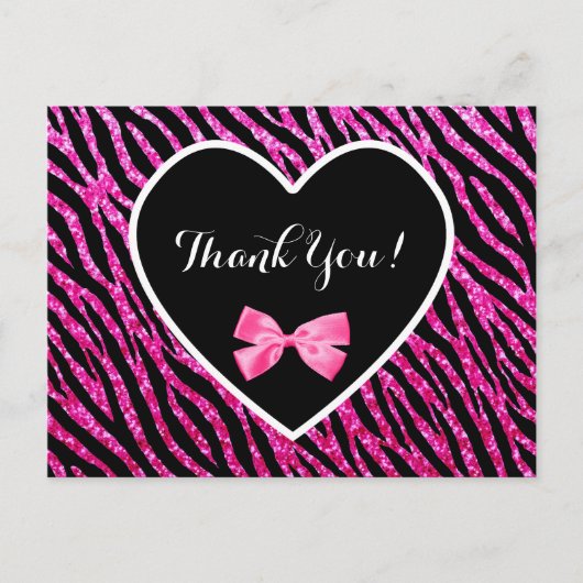 Thank You Pink Black Glam Zebra Faux Glitz Heart Briefkaart (Voorkant)