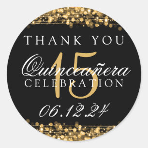Thank You Quinceanera Birthday Party Sparkles Gold Ronde Sticker