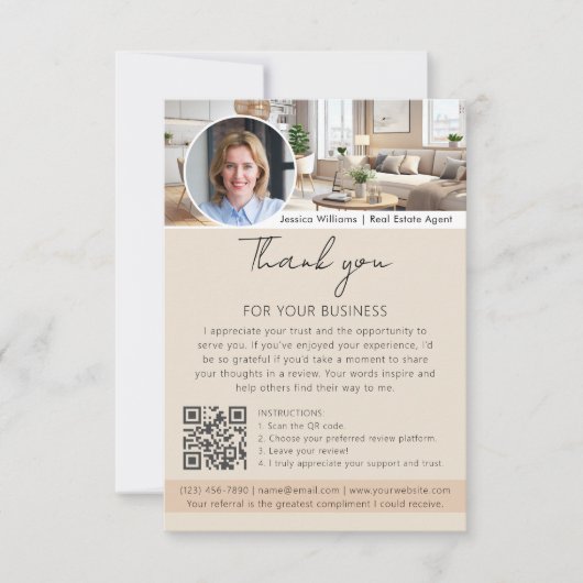 Thank You Review Request with QR Code Photo Beige Kaart (Voorkant)