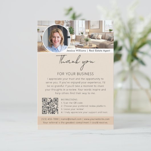 Thank You Review Request with QR Code Photo Beige Kaart (Staand voorkant)
