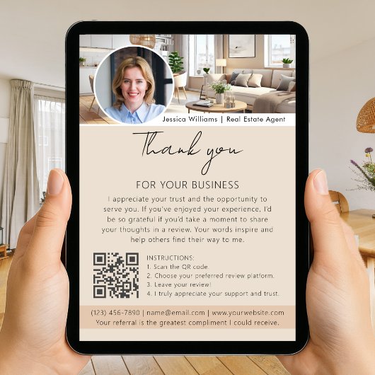 Thank You Review Request with QR Code Photo Beige Kaart