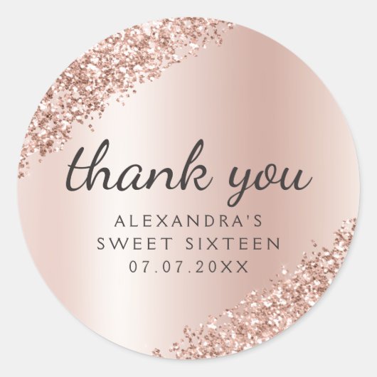 Thank You Rose Gold Glitter Girly Sweet 16 Ronde Sticker (Voorkant)