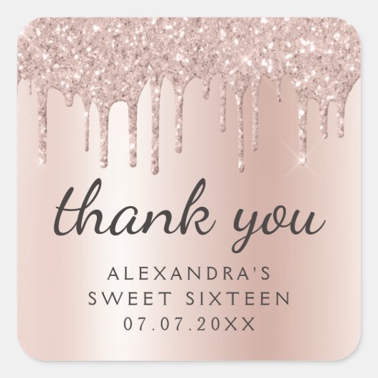 Thank You Rose Gold Glitter Girly Sweet 16 Vierkante Sticker (Voorkant)