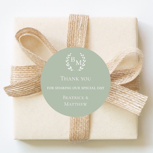 Thank you sage green monogrammed wedding ronde sticker