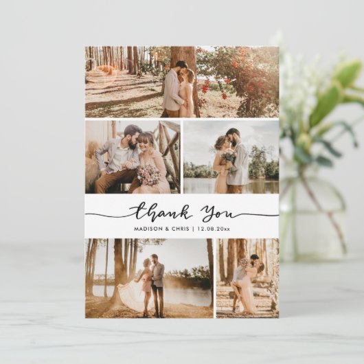 Thank You Script Elegant Wedding Photo Collage Bedankkaart (Staand voorkant)