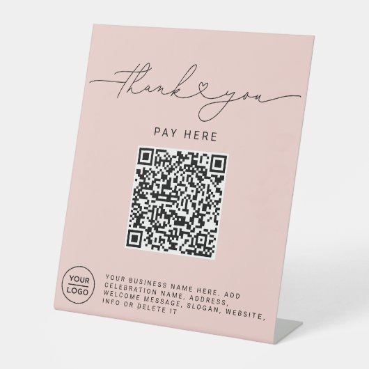 Thank You Script Hart Scan Me QR Code Logo Roze Reclamebord Met Voetstuk (Voorkant)