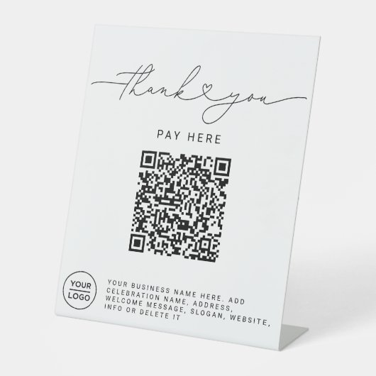Thank You Script Heart Scan Me QR Code Logo Reclamebord Met Voetstuk (Voorkant)