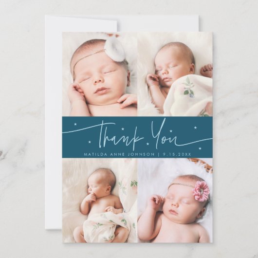 Thank You Script Stars Teal Foto Raster Geboorte Aankondiging (Voorkant)