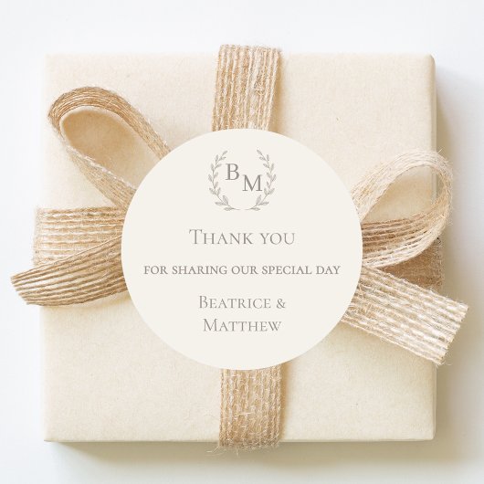 Thank you sharing our day ivory monogram wedding ronde sticker