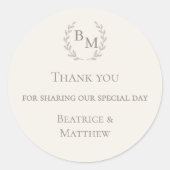 Thank you sharing our day ivory monogram wedding ronde sticker (Voorkant)