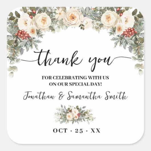 Thank You White Winter Flowers Wedding Vierkante Sticker (Voorkant)