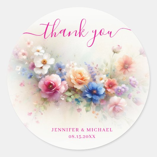 Thank You Your Custom Text Aquarell Flowers Trendy Ronde Sticker (Voorkant)