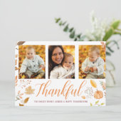 "Thankful" 3 Foto's Herfst Floral Harvest Feestdagenkaart (Staand voorkant)