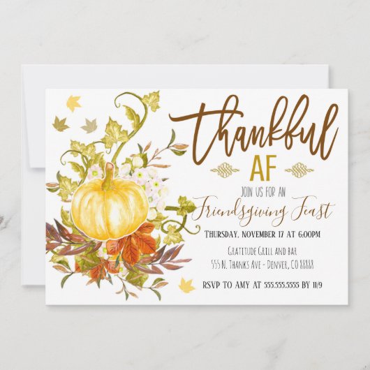 Thankful AF Thanksgiving Invitation Kaart (Voorkant)
