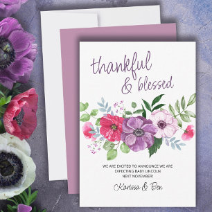 Thankful and Blessed Purple Pink Flowers Pregnancy Aankondiging
