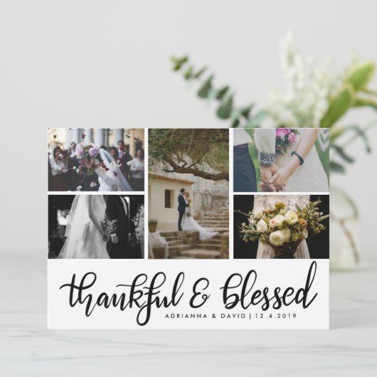 Thankful & Blessed Five Couple Photo Wedding Bedankkaart (Staand voorkant)