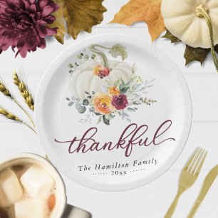 Thankful Burgundy Floral Pumpkin Thanksgiving Papieren Bordje