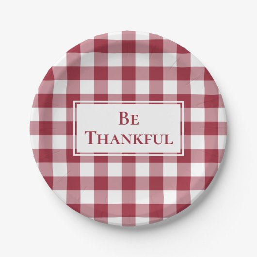 Thankful Burgundy White Gingham Pset Thanksgiving Papieren Bordje (Voorkant)