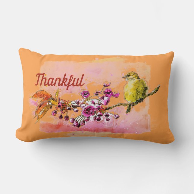 Thankful Cherry Blossom en Finch Lumbar Pillow Kussen (Voorkant)