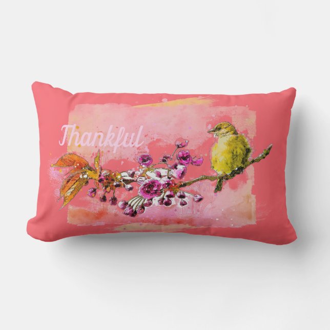 Thankful Cherry Blossom en Finch Lumbar Pillow Kussen (Voorkant)