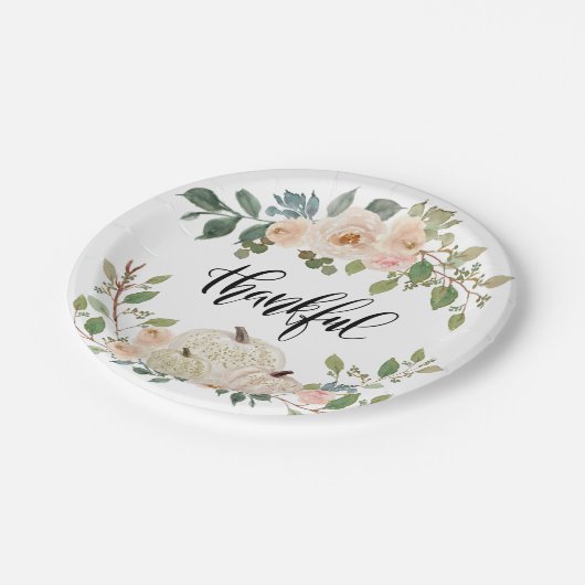 Thankful Elegant Ivory Pink Flowers & Pumpkins Papieren Bordje (Gekanteld)