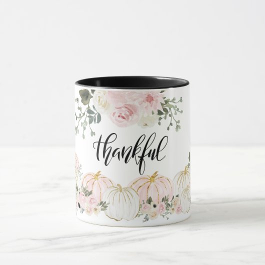 Thankful Elegant White Pink Gold Pumpkin Floral Mok (Midden)