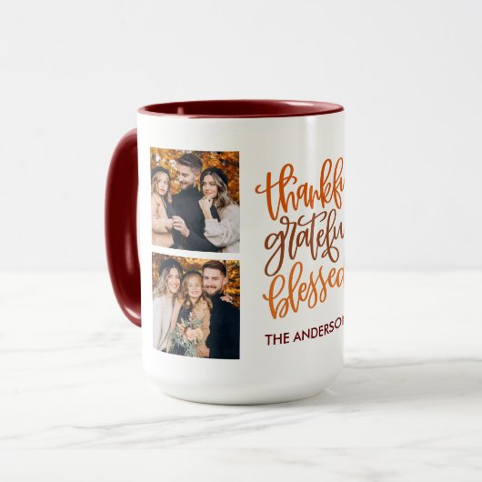 Thankful Grateful Blessed 4 Foto Name Coffee Mok (Voorkant links)