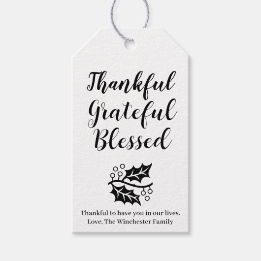 Thankful Grateful Blessed black custom script Cadeaulabel (Voorkant)
