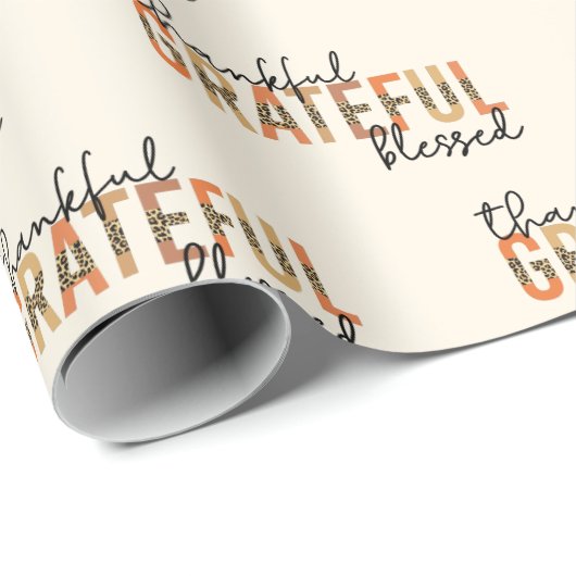 Thankful Grateful Blessed Cheetah Print Typografie Cadeaupapier (Rol Hoek)
