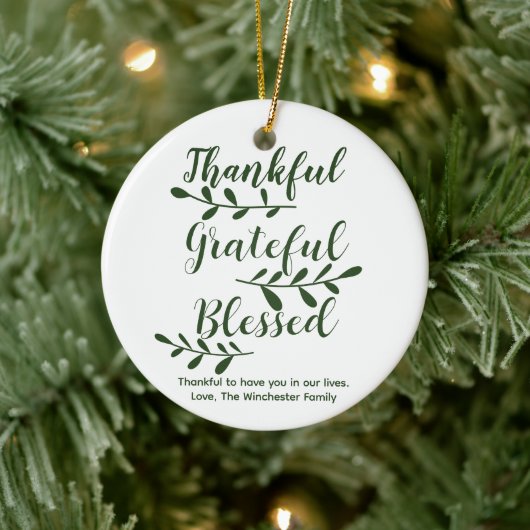 Thankful Grateful Blessed dark green modern script Keramisch Ornament (Boom)