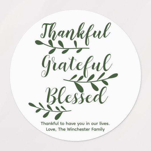 Thankful Grateful Blessed dark green modern script Labels (Design 2)