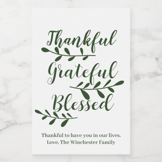 Thankful Grateful Blessed dark green modern script Voedselcontainer Etiket (Enkel label)