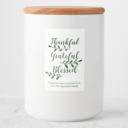 Thankful Grateful Blessed dark green modern script Voedselcontainer Etiket (Voorkant)