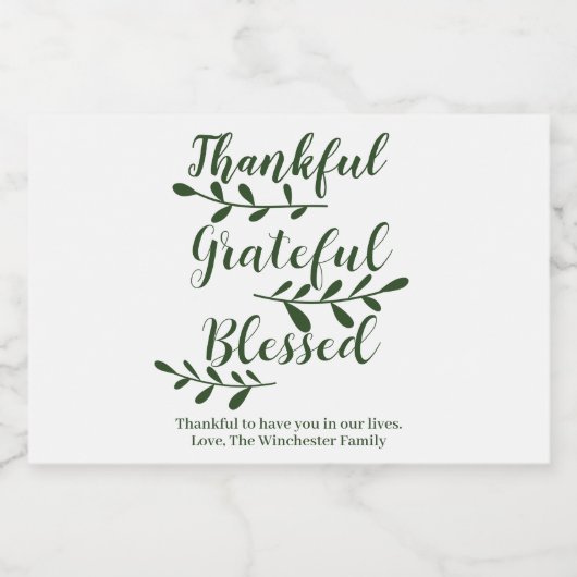 Thankful Grateful Blessed dark green modern script Voedselcontainer Etiket (Enkel label)