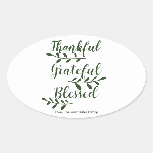 Thankful Grateful Blessed dark green typografie Ovale Sticker (Voorkant)