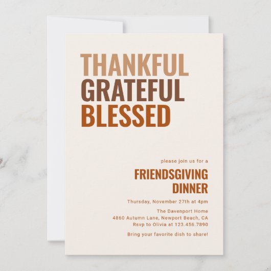 Thankful Grateful Blessed Friendsgiving Dinner Kaart (Voorkant)